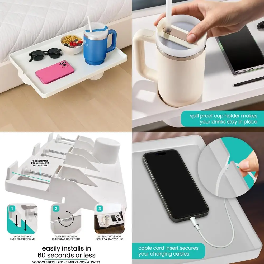 

белая настенная тумбочка с подстаканником и шнуром для прикроватной тумбочки, идеально подходящая для общежитий колледжа.