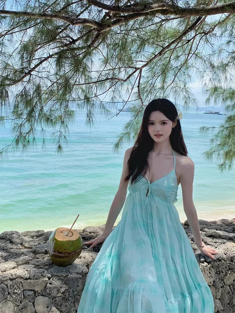 

Summer Stunning Seaside Vacation Style Blue Halter Neck Strapless Dress for Women - 2025 New Summer Backless Long Dress