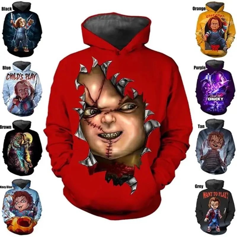 Boneka Chucky Hoodie permainan anak-anak horor pakaian Pria 3D dicetak baru di Hoodie Hoodie Hoody pullover modis y2k wanita