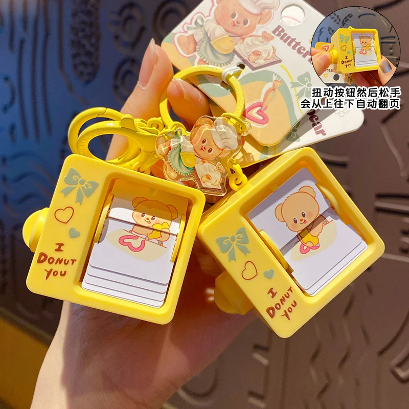 Cartoon Butter Bear Fun Animation Page Turning Machine Keychain Cute Animal Toy Cream Bear Page Turner Book Key Chain Women Bags