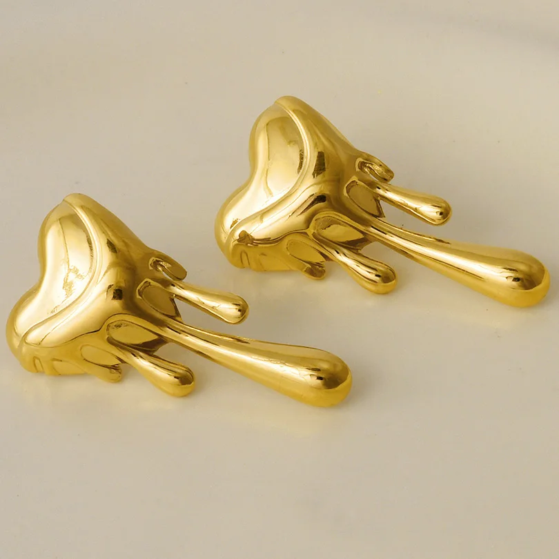Flowing Liquid Stainless Steel Heart Ear Studs For Women Men Accessories Waterproof Real  Gold Plated Fashion Earrings Jewelry