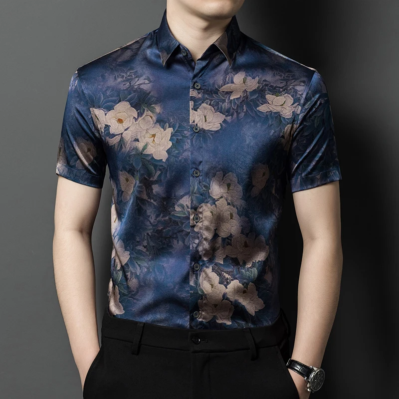 Floral Print Blue Shirts For Men Short Sleeve Mulberry Silk Icy Summer Quality Soft Comfortable Casual Premium Camisas De Hombre