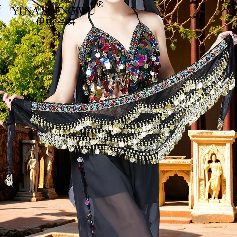 Belly Dance เอวเริ่มต้นเต้นรําอุปกรณ์เสริมที่มีสีสัน Rhinestone Flannel เต้นรําอินเดียทองเหรียญเข็มขัดเอว