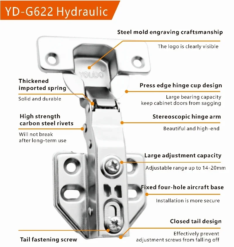 YOUDO New Arrival Fixed Hydraulic Hinge Soft Close Hidden Cabinet Hinge Concealed Furniture Hinges