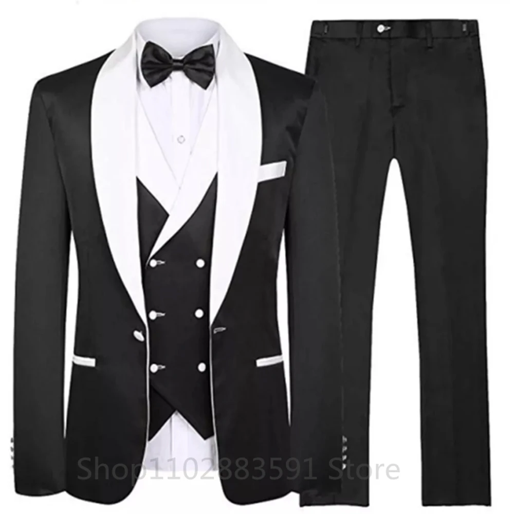 Red Splicing Men‘s Suits 3 Pieces White Shawl Lapel Casual Tuxedos Suits Men (Blazer+Vest+Pants) For Wedding Groomsmen 2024