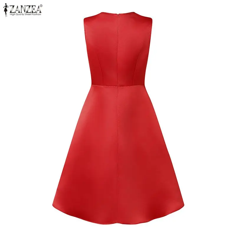 ชุดเดรสยาวคลุมเข่าสำหรับงานปาร์ตี้ฤดูร้อน แขนกุด ดีไซน์หรูหราจาก ZANZEA ผ้าซาตินเนื้อผ้าไหม คอทรงโอ แฟชั่นสำหรับงานแต่งงานหรือใส่ลำลอง สีพื้น