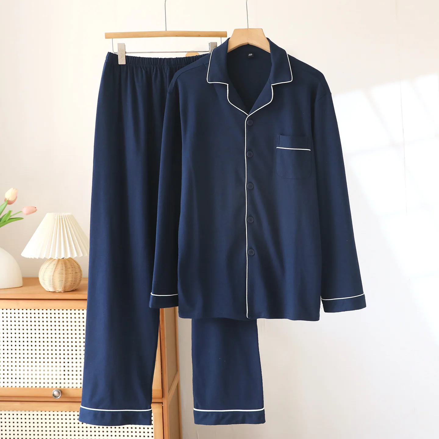 

Мужская трикотажная одежда для сна из чистого хлопка, простые однотонные пижамные комплекты, пижамы с длинными рукавами, одежда для сна