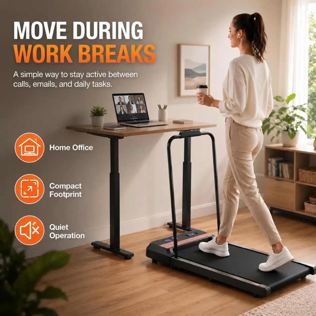 Walking Pad Treadmill with Handle Bar, 8% Incline Under Desk Treadmill | 2.5HP quiet motor, 265 lb capacity, 0.6-4 MPH speed, 15