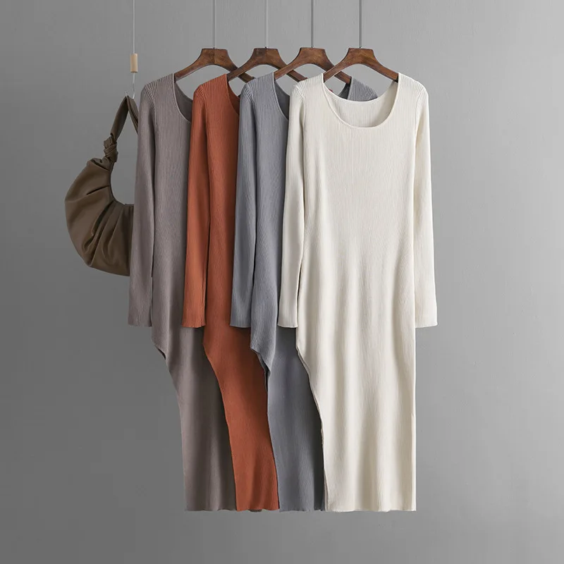 

Осенние новые модные женские однотонные асимметричные повседневные платья с круглым вырезом и длинными рукавами, модные элегантные тонкие базовые платья, женская одежда