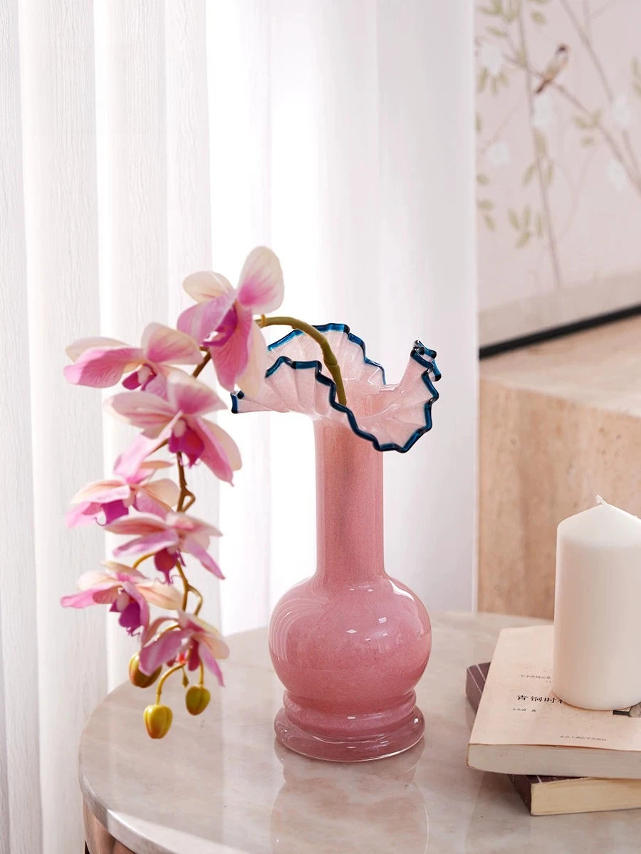 Pink Vintage Style Fenton Glass Skirt Rim Vase Modern Minimalist Dining Table Desk Ornament
