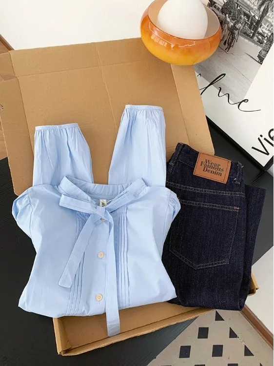 

Свободный синий длинный све женский повседневный топ с завязками на талии и завязками на талии для колледжа, хлопок Bubble Sve