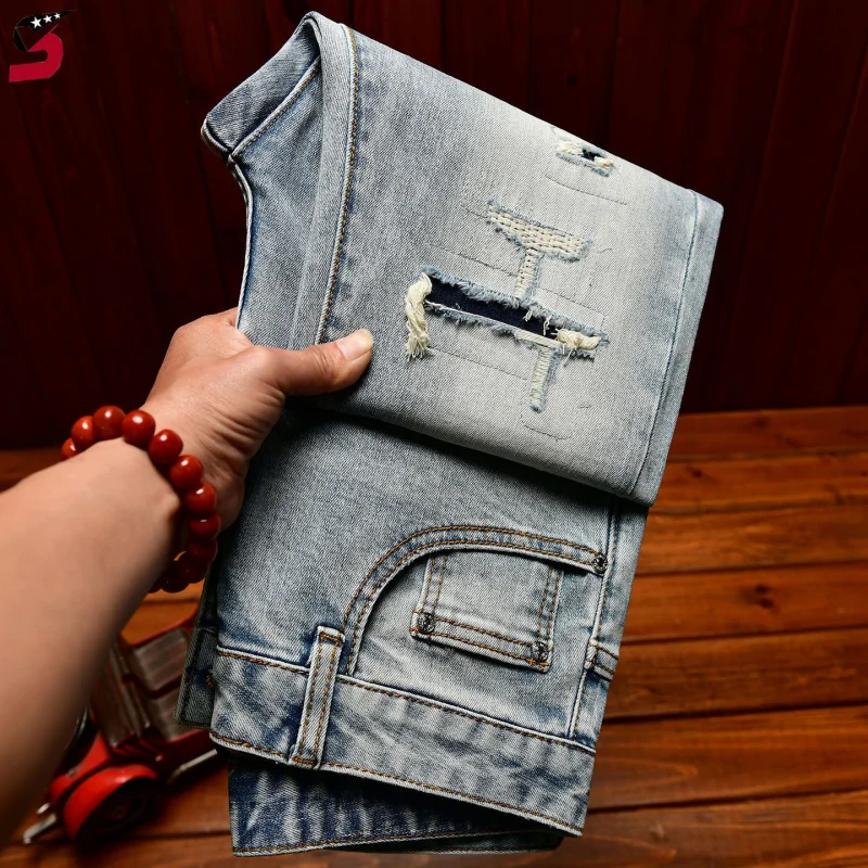 

Мужские винтажные джинсы в уличном стиле, облегающие рваные джинсовые брюки из стрейч-денима, корейские модные повседневные длинные брюки с эффектом потертости