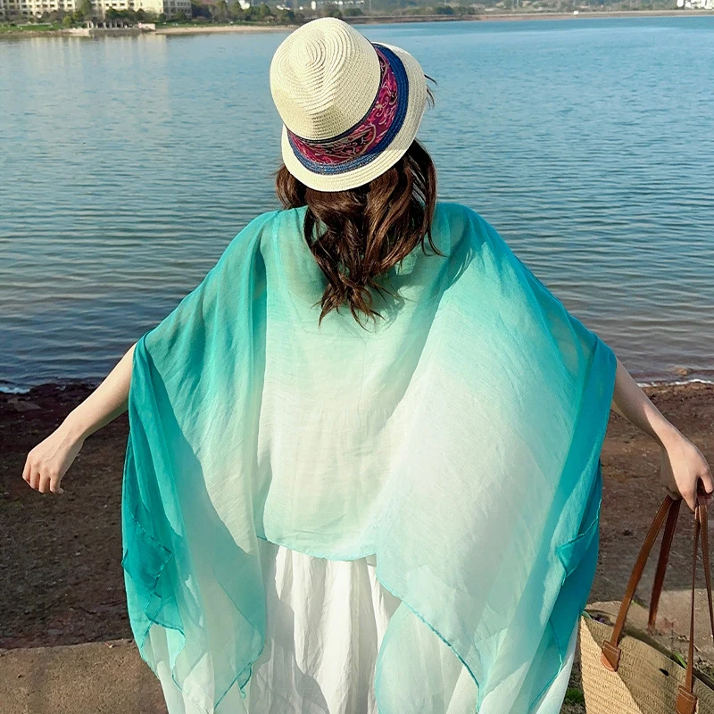 

Women Summer Travel Ethnic Style Shawl Spring Thin Gradient Color Travel Sunscreen Beach Towel Split Shawl Cape Photo Props Tops