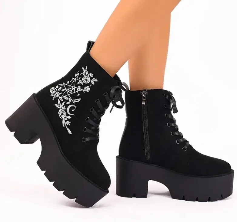 Women\'s Fashion Platform Ankle Boots, Floral Pattern Chunky Heeled Lace Up Combat Boots, All-Match Side Zipper Boots