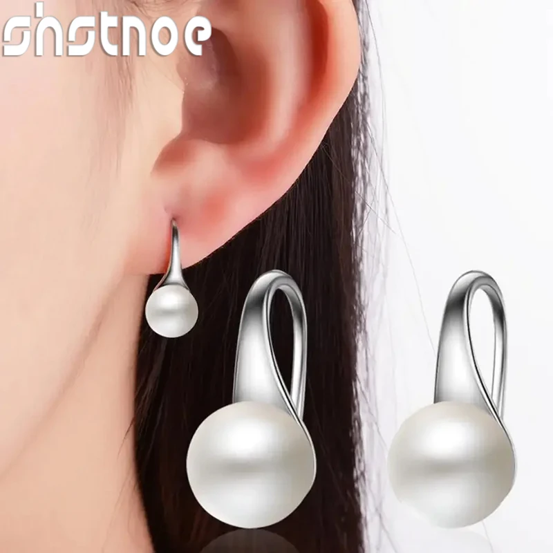 SHSTONE Pure 925 Sterling Silver Earrings Drop Women Round Natural Pearl Hook Dangle Earring Ear Drops Brincos De Prata