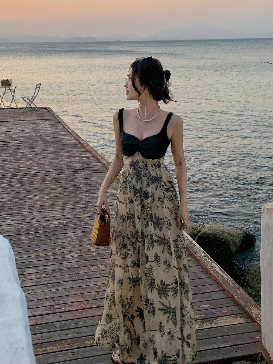 

Летний новый китайский стиль, модная и сексуальная перспектива, приморский отдых, облегающая юбка на подтяжках, платье с цветочным принтом C165