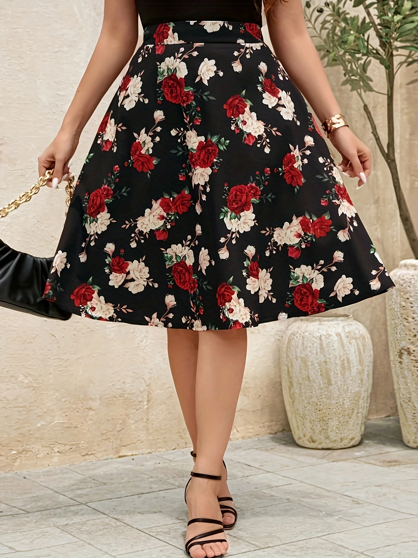 

Летняя модная и элегантная юбка трапециевидной формы с принтом роз