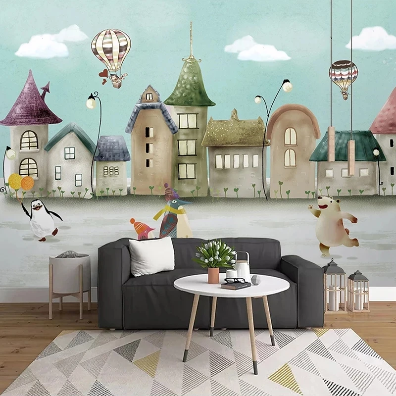 Custom 3D Self Adhesive Wallpaper Hand Painted Cartoon Castle House Animal Mural Room Kindergarten Bedroom Background penguin 8d