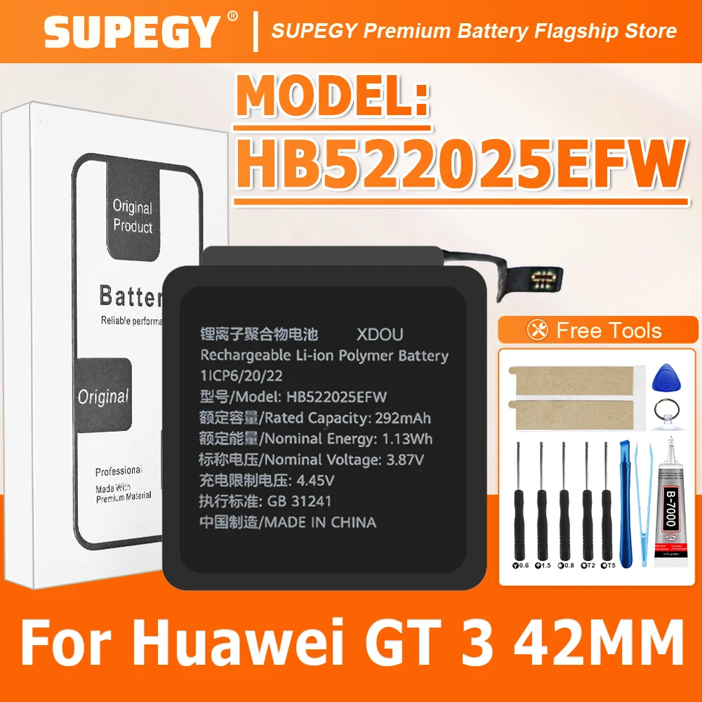 SUPEGY 2026 Years 100% New HB522025EFW Replacement Watch Battery For Huawei GT 3 42MM GT3 Smart Bateria + Free Tools
