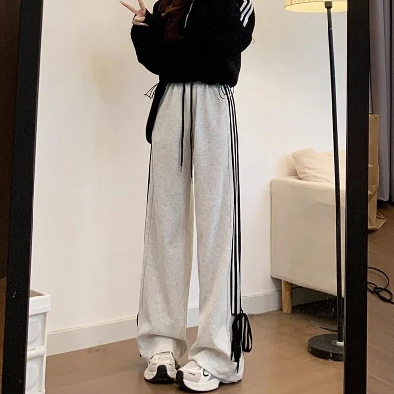 

Шикарные корейские брюки с высокой талией и бантом для девочек, женские лоскутные полосатые брюки, женские удобные широкие спортивные штаны