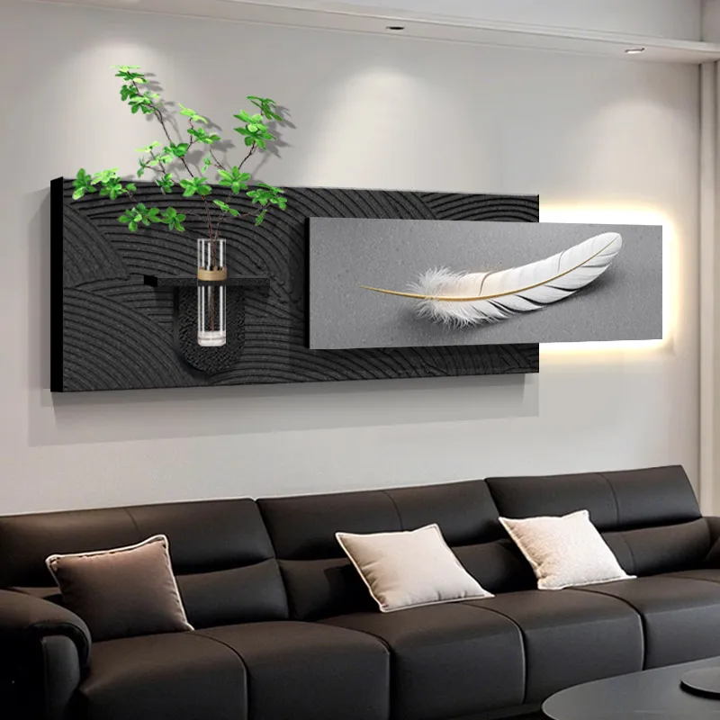 

Decorative painting hydroponic plants sofa background mural feather art superimposed sandstone home