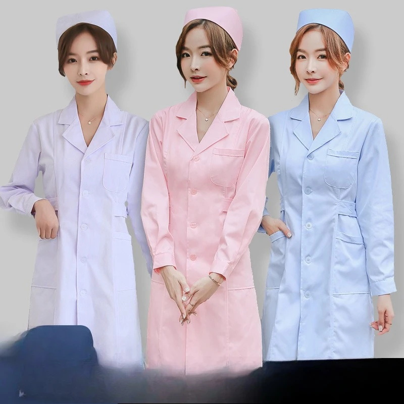 

Pink Blue Waist Slim Women's Nurse Uniform Long Sleeve Thick White Coat Doctor Uniform Beautician Embroidery Workwear