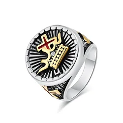 Mens Antique Punk Stainless Steel Ring Knight Crown Cross Religious Gothic Signet Templar Rings for Fathers Day