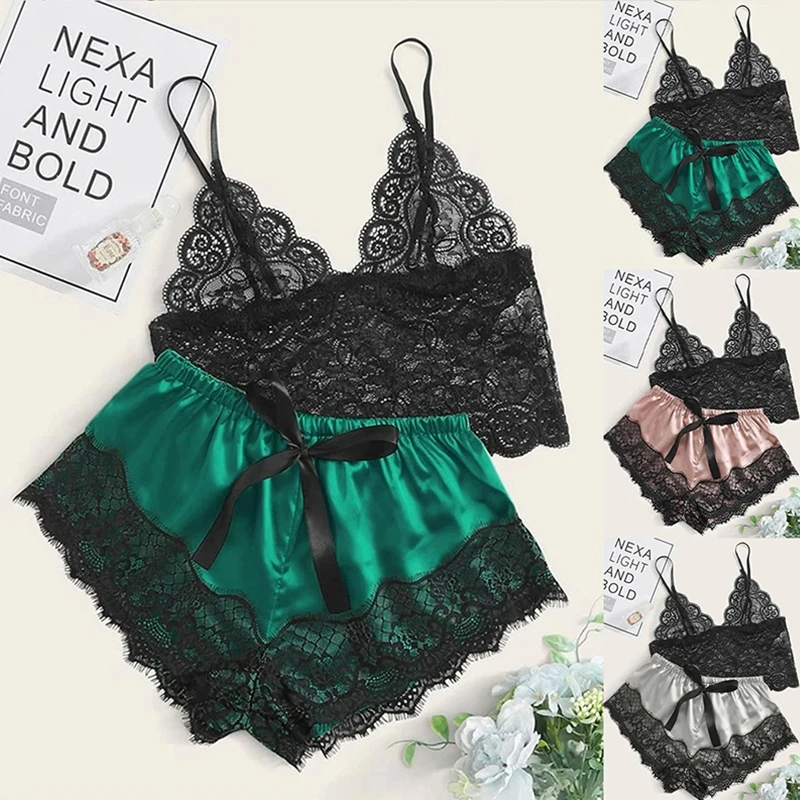 Conjunto de pijama de renda sexy feminino, 2 peças, bralette transparente, top e shorts, roupa de dormir respirável, plus size, lingerie de verão