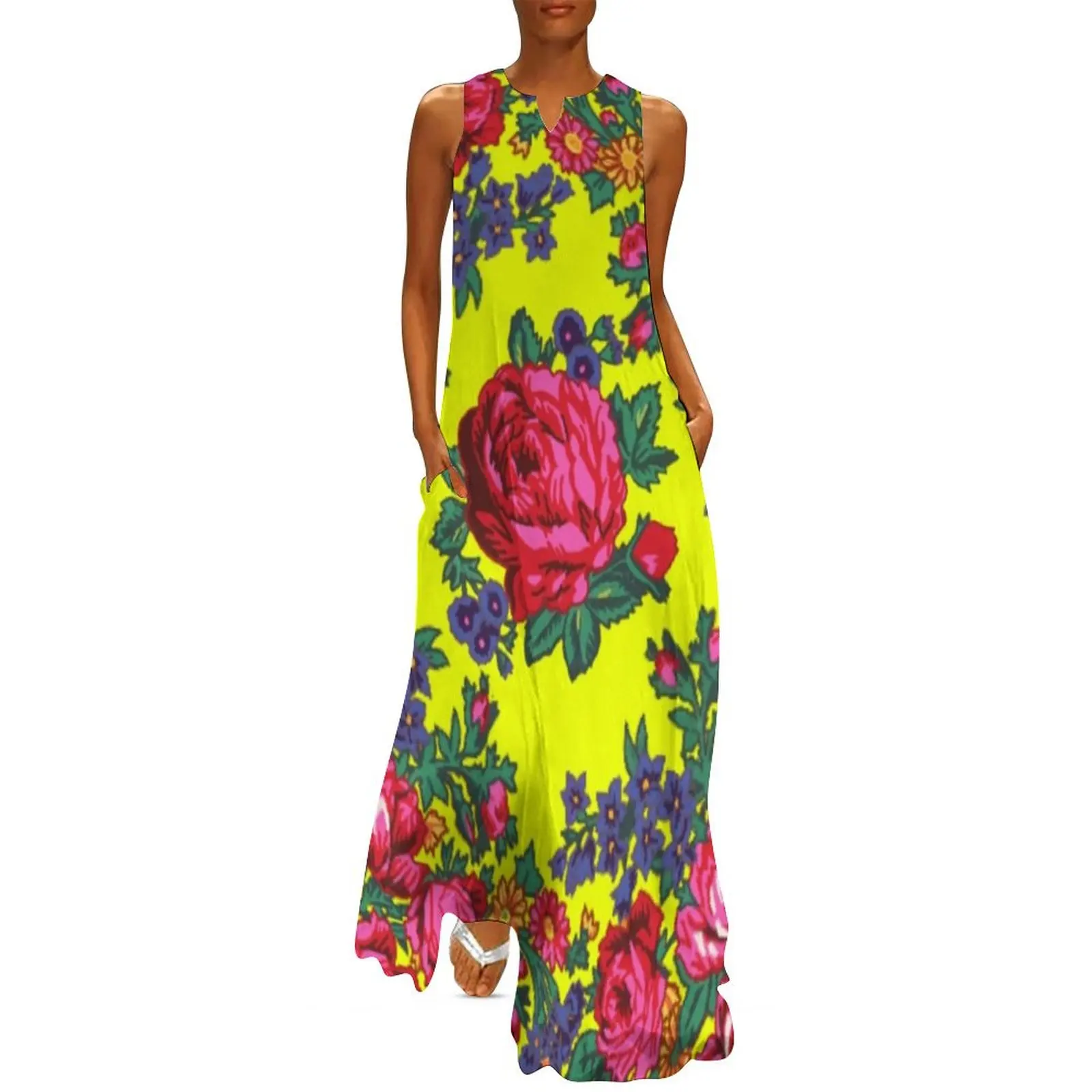 

Bright Yellow / Pink Tea Rose Native Floral Print Long Dress summer dresses for women 2025 dress women summer 2025 Dress