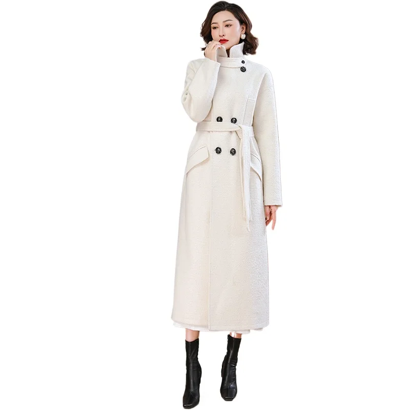

Новый белый шерстяной плащ для офиса, женские двубортные куртки, корейское длинное пальто для девочек, верхняя одежда с регулируемой талией