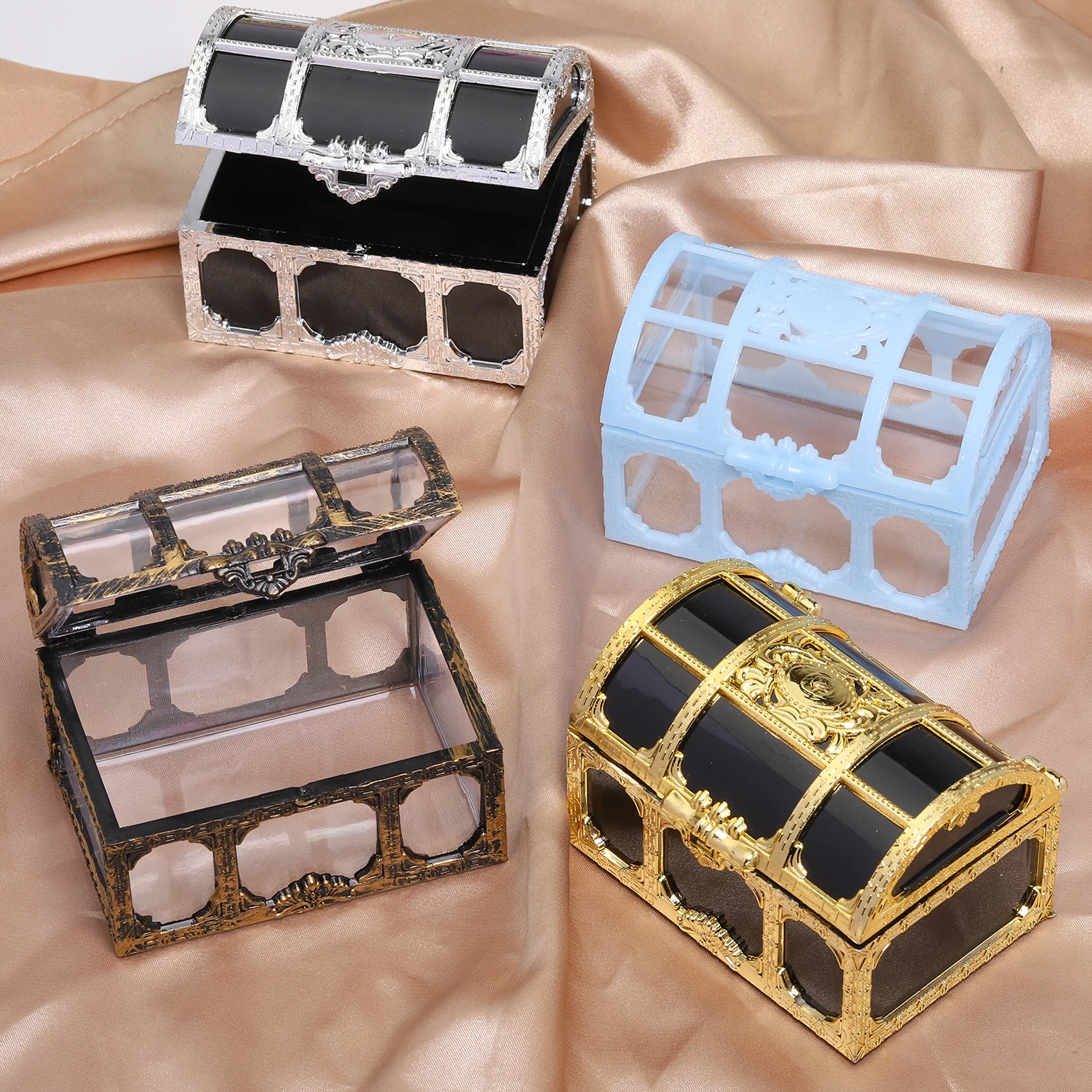 1Pcs Vintage Transparent Lagerung Organizer Box Schatz Truhe Piraten Schatz Box Kristall Edelstein Schmuck Box Kunststoff Ohrringe Brust – Detail 23