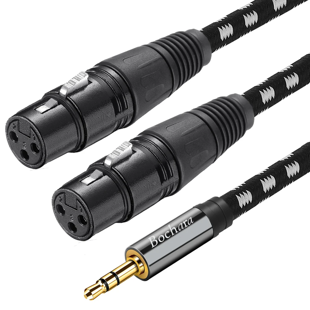 Bochara Braided 1/8\'\' 3.5mm TRS Jack to Dual XLR Female OFC Audio Cable Foil+Braided Shielded For Speakers