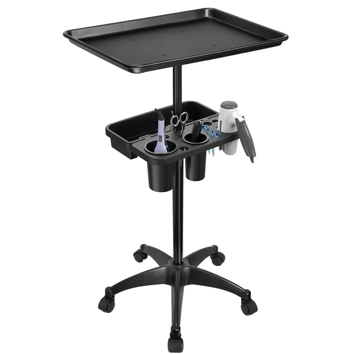 

Rolling Salon Tray Cart with Storage | Adjustable Height Metal Trolley | Mobile Hairstylist, Tattoo Artist & Spa Station