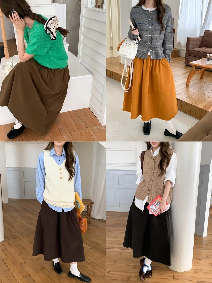 Patchwork Corduroy A Line Skirt Women Autumn Three Dimensional Cut Casual Vintage Midi Skirt