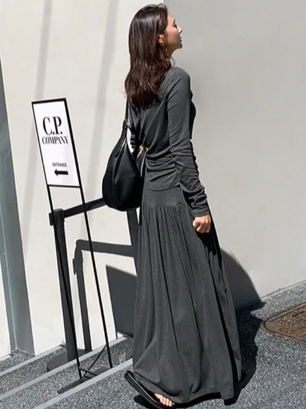 Chic Autumn Long Sve T-irt oulder Bared A-Line Skirt Set Folded Neline Draped Sle Cotton Blend Faion Ensemble