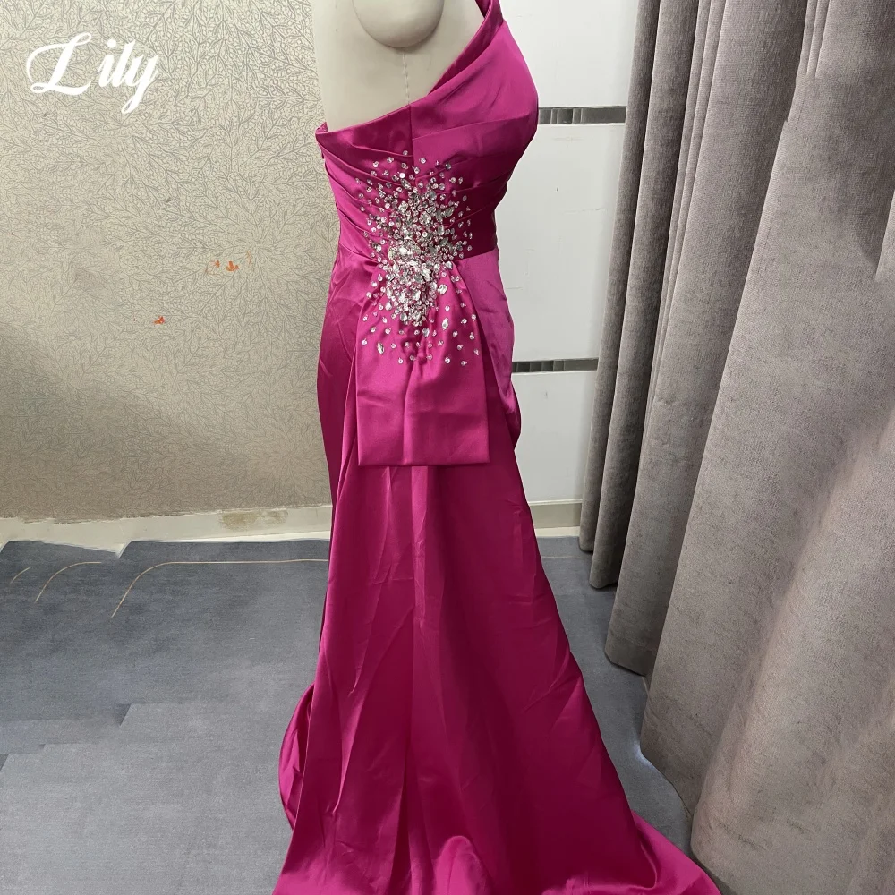 فستان حفلات أنيق من Lily Fuchsia بدون حمالات بدون ظهر وفتحة جانبية للحفلات الراقصة ترتر لامع مطوي زائدة فستان سهرة مخصص