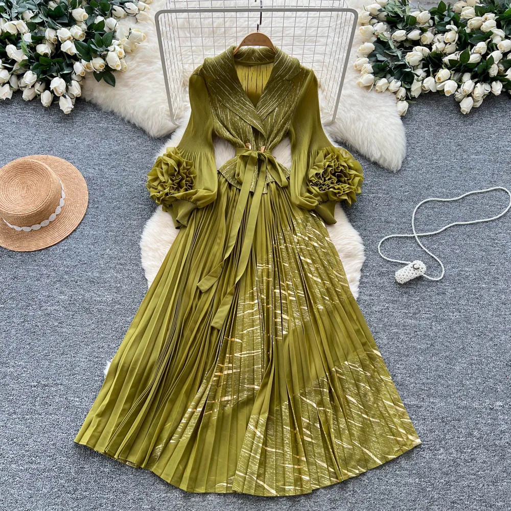 Chique sexy elegante driedimensionale bloemen ruches met lange mouwen A-lijn fee herfst vestidos deel dameskleding