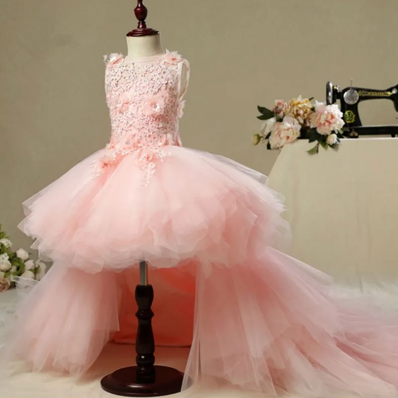 Elegant Long Trailing Appliques First Communion Dress Pink Tulle Ball Gown Girls Pageant Gown Flower Girl Dress for Weddings