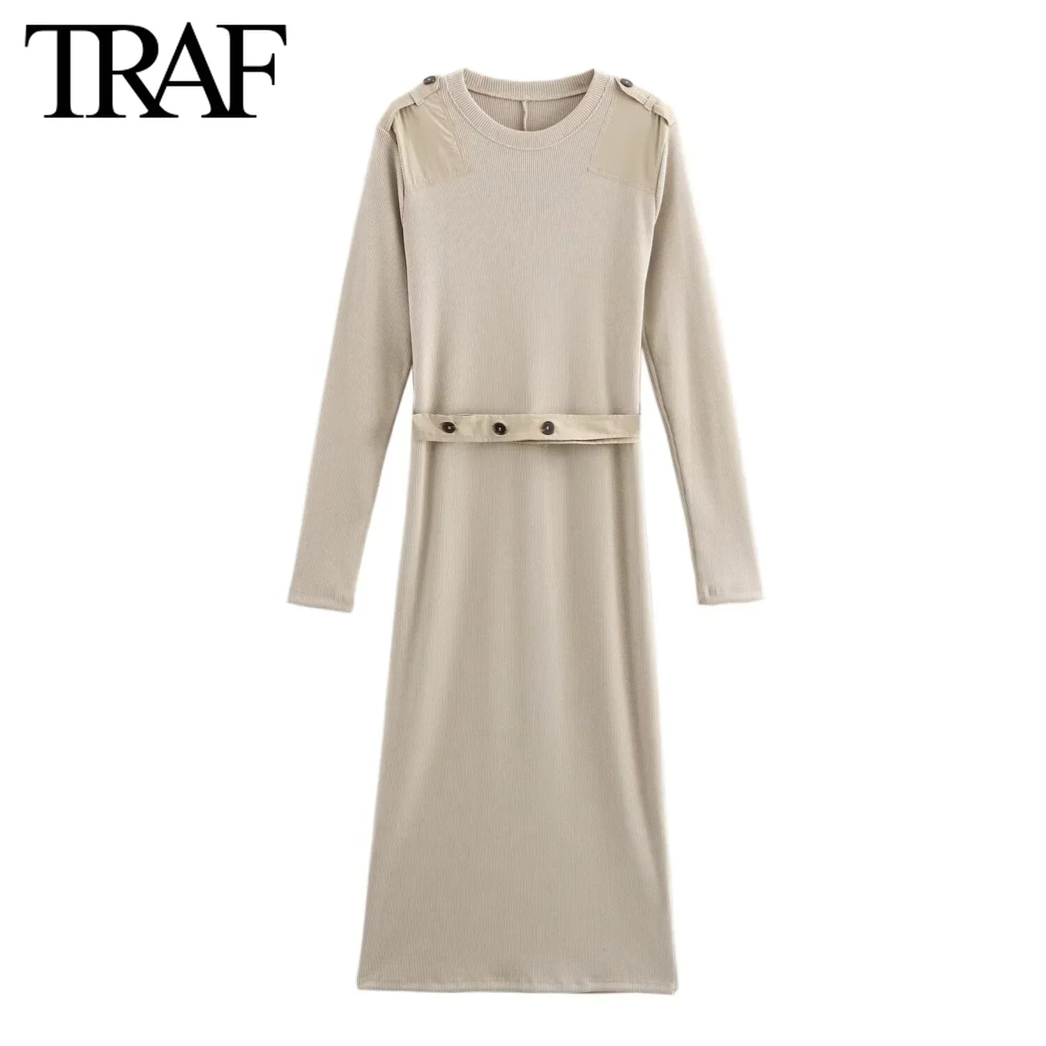 TRAF Dress for Women Fashion Autumn Winter New French Elegant Knitted Belt Splicing A-line Long Dresses Chic Female Evening