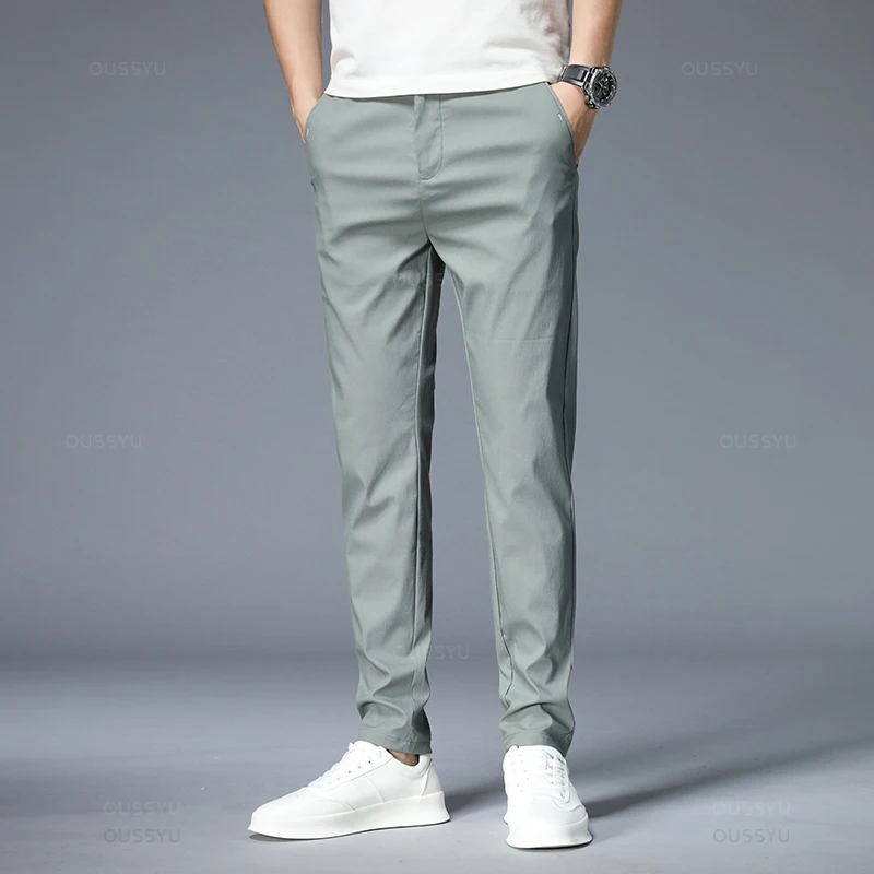 Summer Casual Pants Men Thin Stretch Slim Fit Elastic Waist Business Classic Korean Work Cotton Trousers Male Khaki Gray Green38