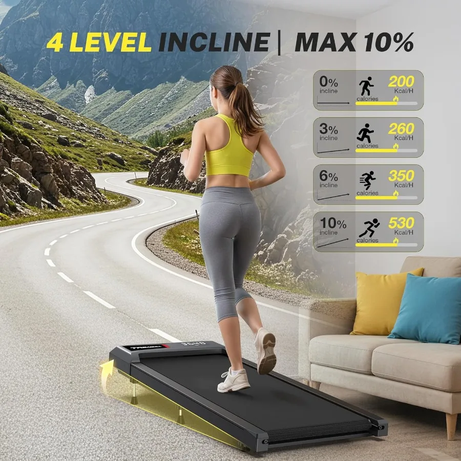 جهاز مشي مع 10 انحدار مائلة وسعة 265 رطل 2.5 حصان قائم هادئ تحت المكتب والمشي والركض والجري