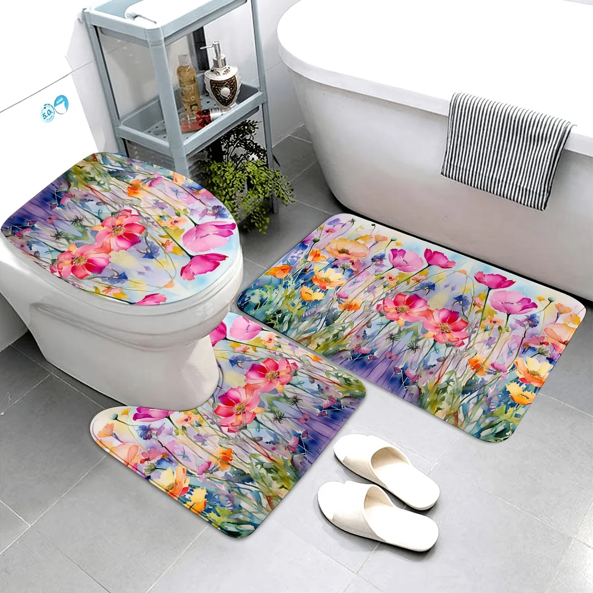 

3pcs Floral Bathroom Rug Set Non-Slip U-Shaped Mat and Toilet Lid Cover Spring Flower Theme Washable Indoor Floor Mats