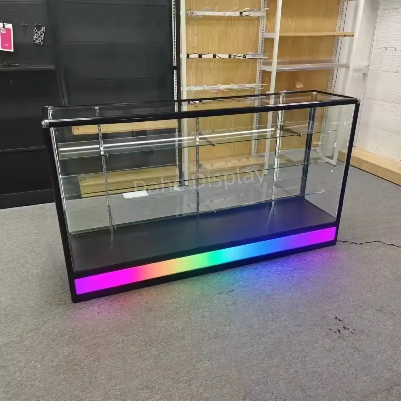 

Custom.70inch full aluminum frame show with LED lights Smoke Shop colorful base glass display cabinet modern showcas