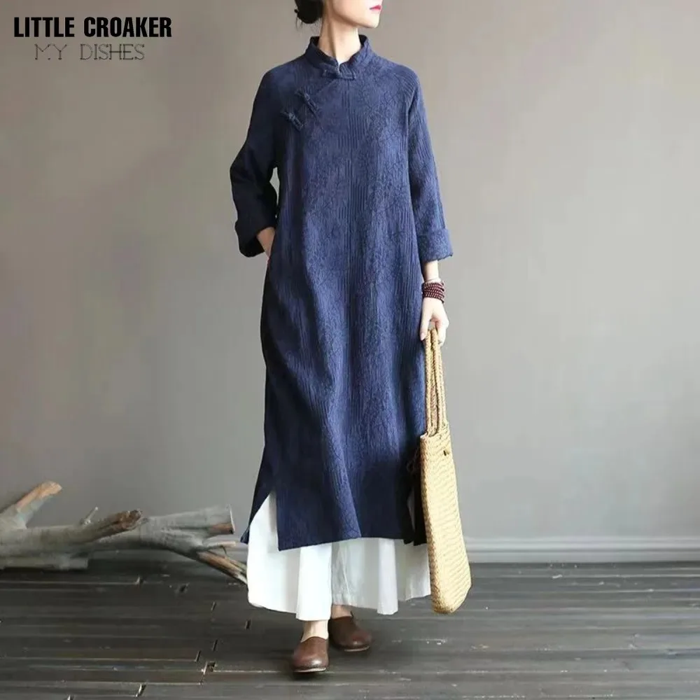 

Retro Improved Qipao Navy Qi Pao Modern Dress Woman A-line Cheongsam Long Dress Female Versear Women Autumn Cheongsam Dress