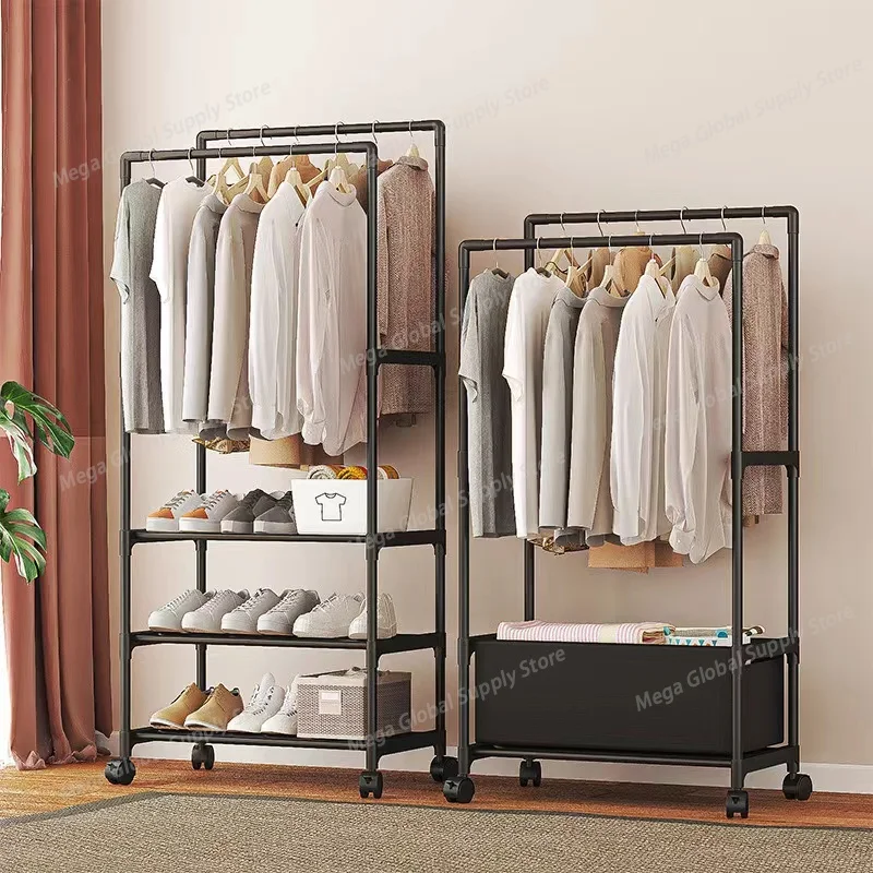 Movable Clothes Storage Rack Floor Hanger Stand Storage Wardrobe with Wheels Activity Hangers Wardrobe Coat Shelves Shoe Racks