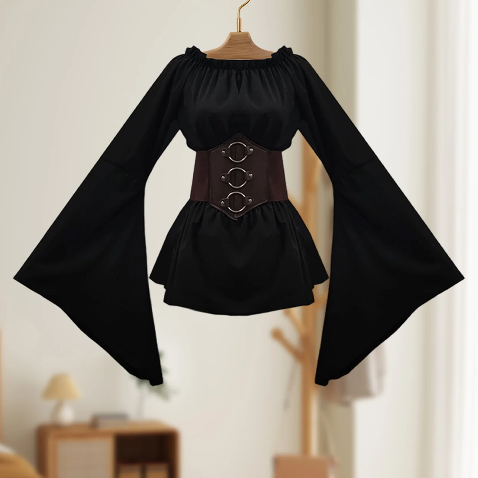 Nuova camicia da donna vestiti rinascimentali tinta unita manica lunga con spalle scoperte con cintura in vita costumi da pirata cosplay di Halloween