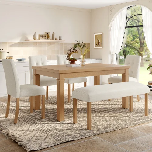 With 4 Upholstered Chairs & Bench, Ideal For Dining Room And Living Room /6-Piece Modern Dining Set, Rectangle Kitchen Table