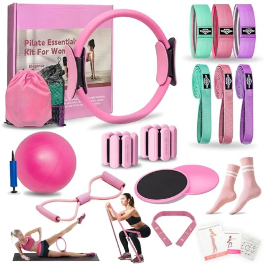 

Pilates Essentials Kit for Home Women Pilates Equipment for Workouts 6 Fabric Resistance Bands 12 Inch Magic Circle Yoga Ring M