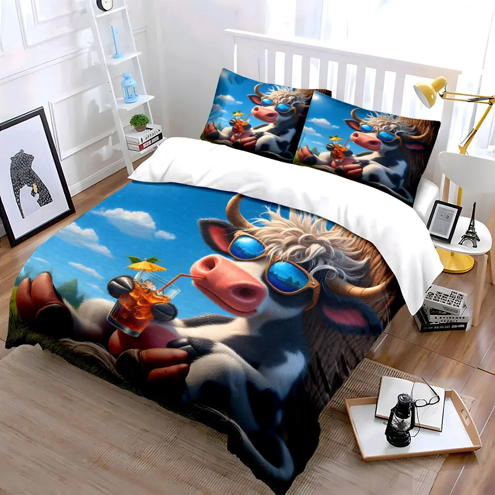 Sunglassed cow enjoying iced drink Print Bedding Set 1 Duvet Cover 2 Pillowcases for Adult and Children Luxury Gift Full Size 2