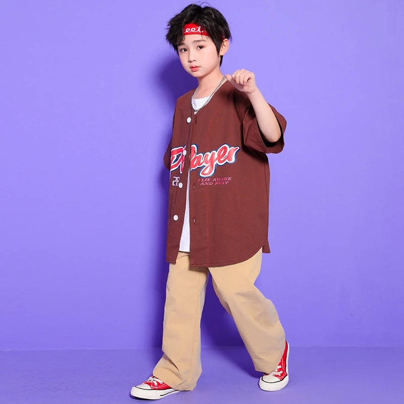 Ropa de baile de espectáculo de Hip Hop para niños, camiseta de béisbol, Tops, ropa de calle, pantalones cortos caqui, disfraz de baile de Jazz, ropa de escenario